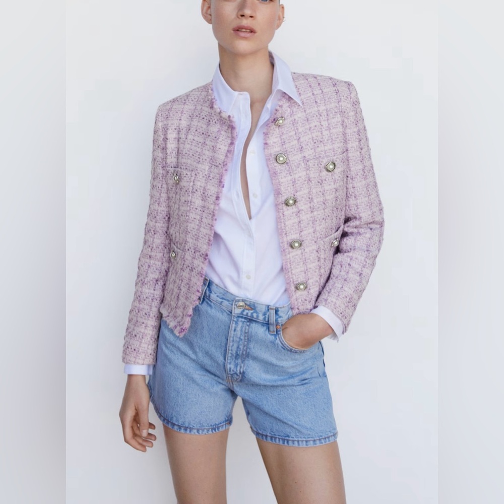 Mango Lavender Tweed Jacket with Pockets Size Medium